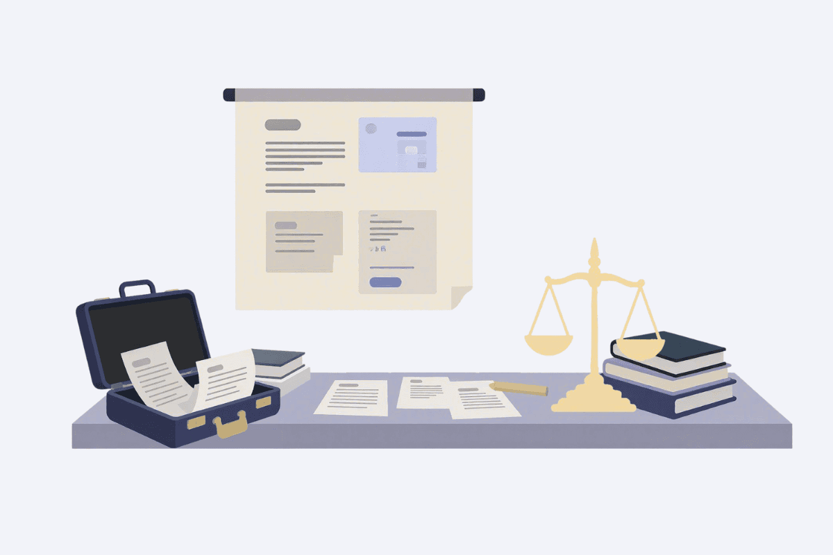 An illustration of a desk featuring a briefcase with papers, a balance scale, and legal documents.