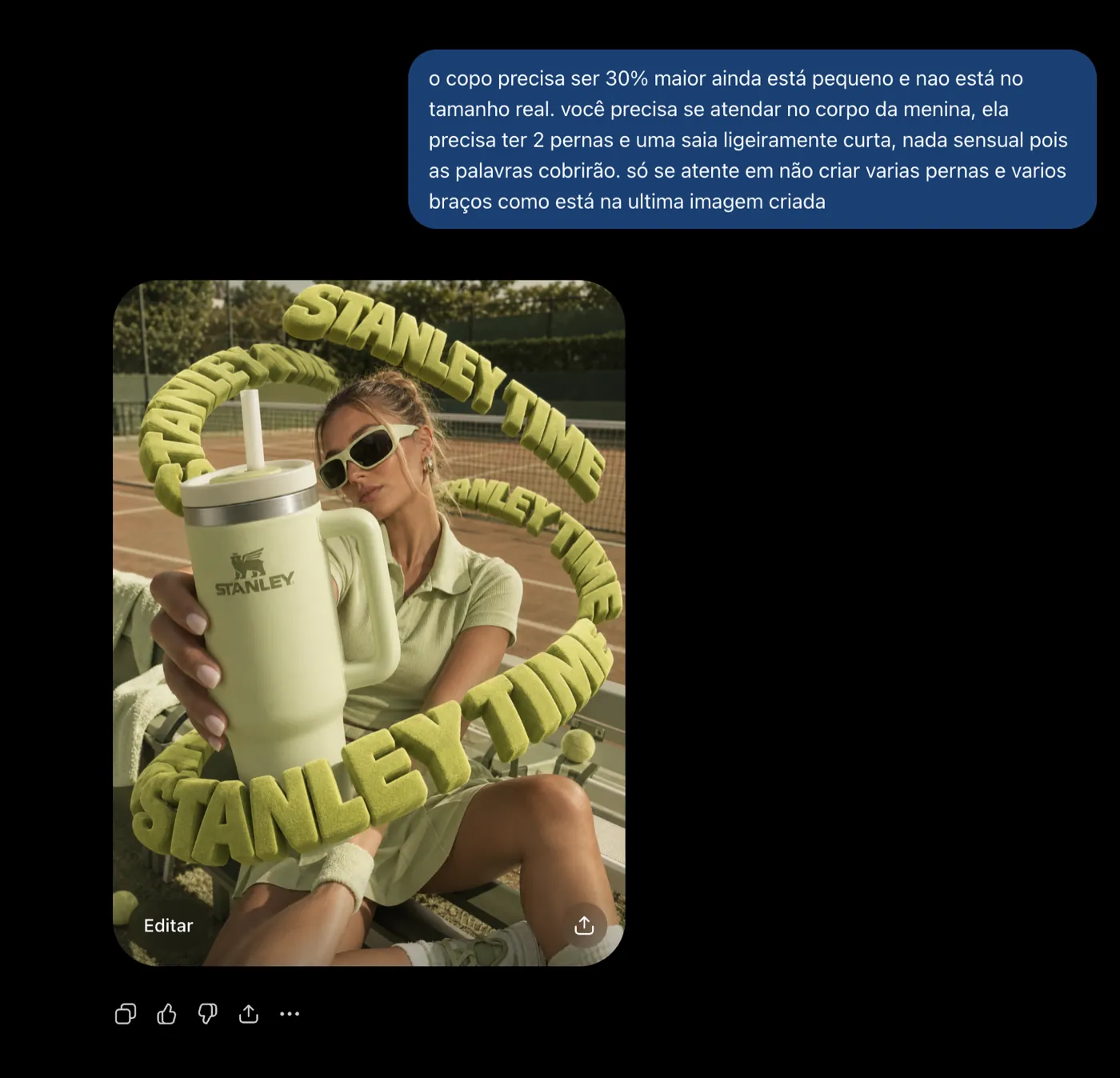 Terceira versão no ChatGPT, com o prompt de correção de anatomia e a imagem final usada no vídeo