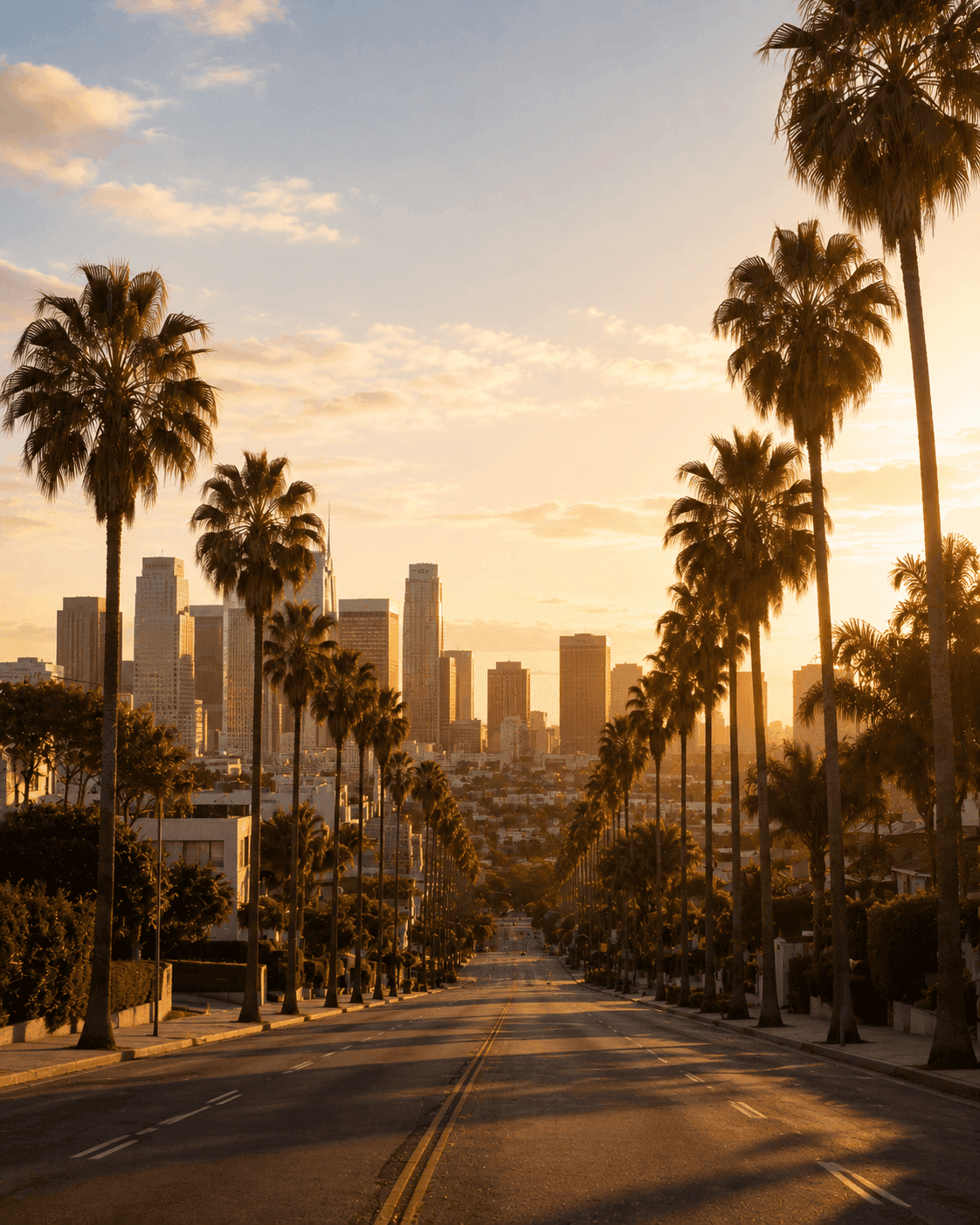 Palm-tree-lined street with the Los Angeles skyline glowing at sunset