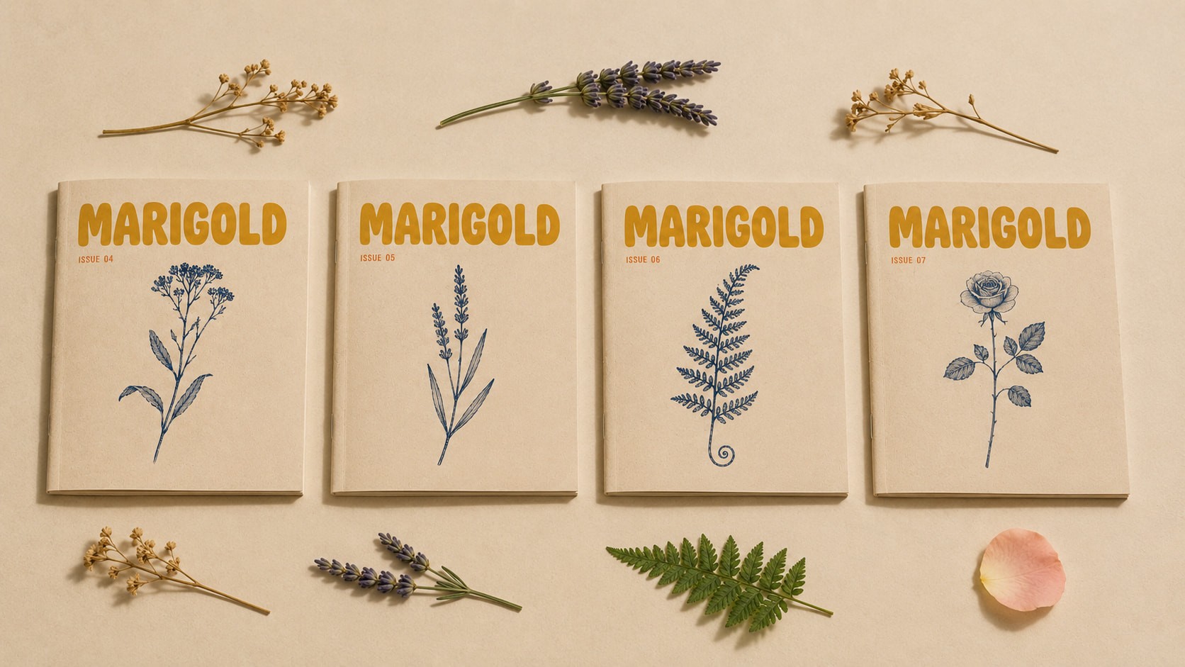 Four issues of the magazine "Marigold" are arranged on a beige background, each illustrated with plants. Dried flowers and fern leaves are scattered around.