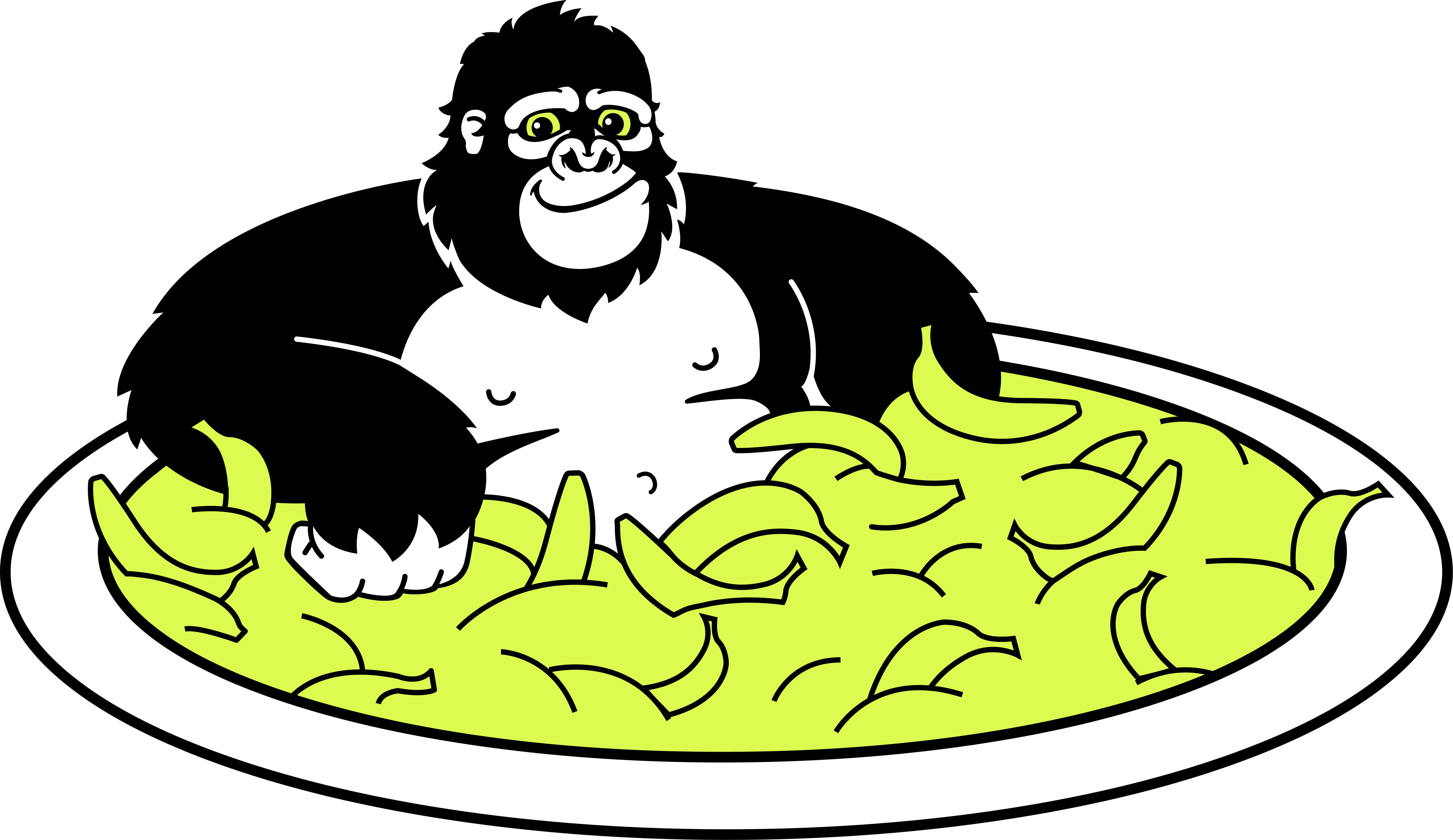 A cartoon gorilla contentedly lounges in a large dish filled with peeled bananas, exuding a playful and whimsical vibe.