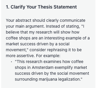 Chat with Theo panel advising a clearer, more assertive thesis for a sociology abstract about Amsterdam coffee shops and marijuana legalization.