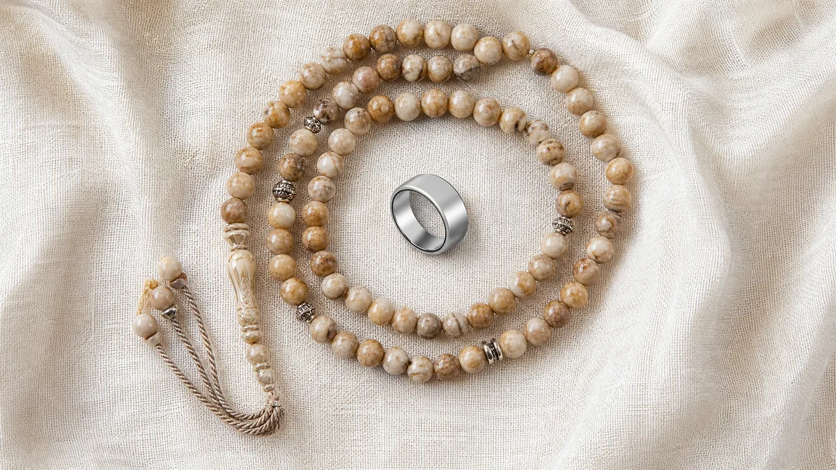 Smart tasbih ring centered inside a spiral of misbaha beads on beige linen