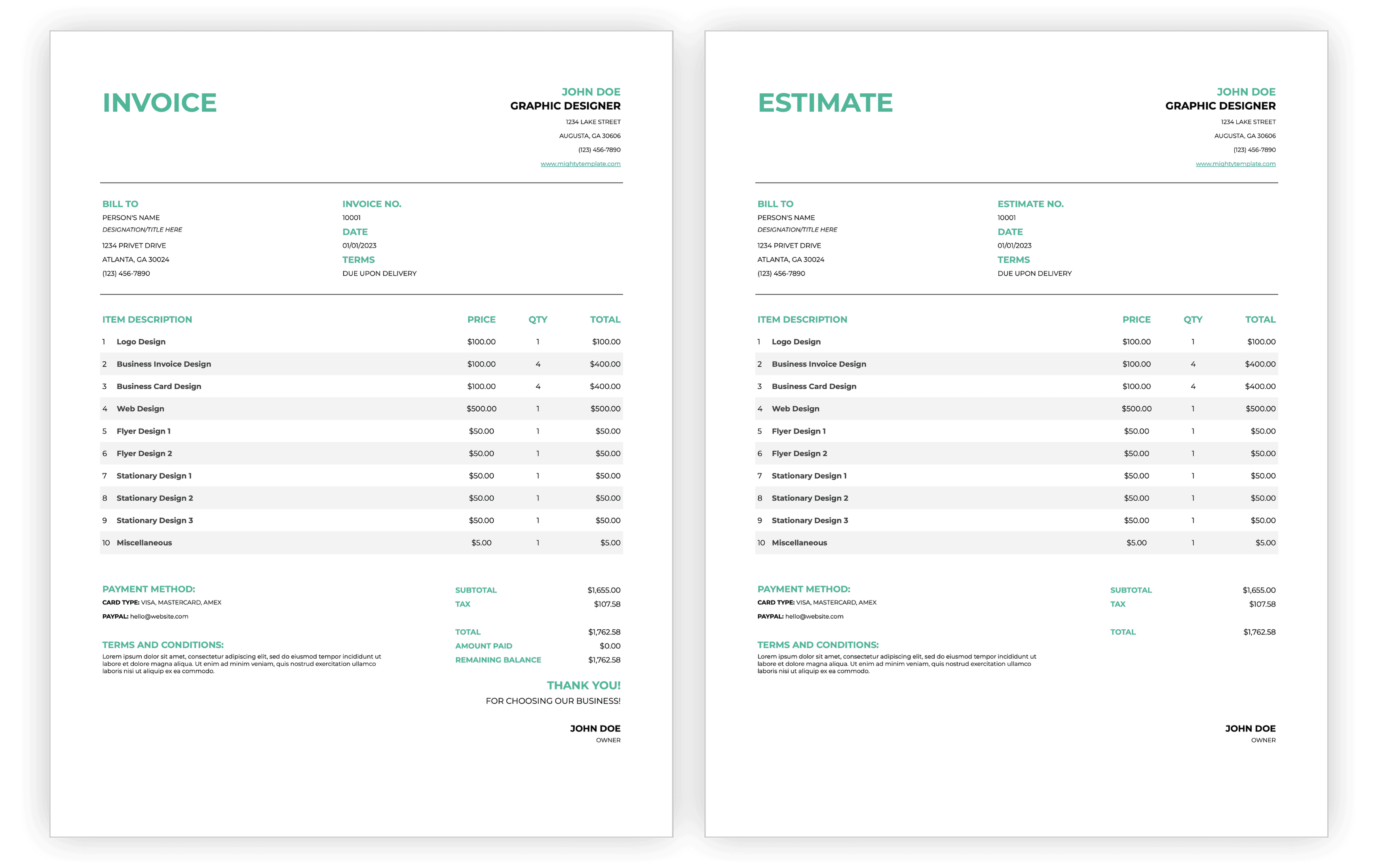 Professional business invoice and estimate templates side-by-side mockup in clean modern design with green accents – Mighty Template