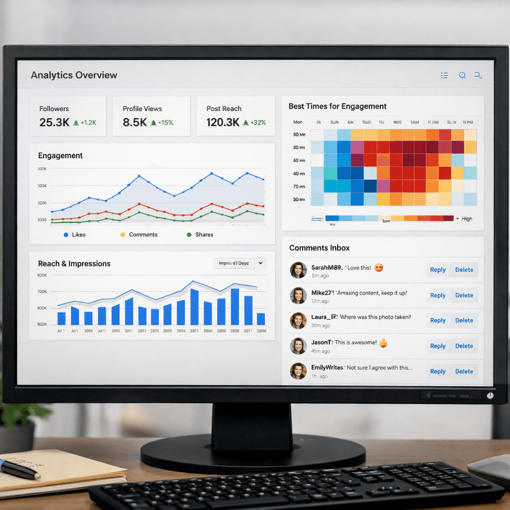 A realistic computer screen showing analytics graphs, a heat map of engagement times, and a comment inbox. Alt: social media performance monitoring dashboard visual.