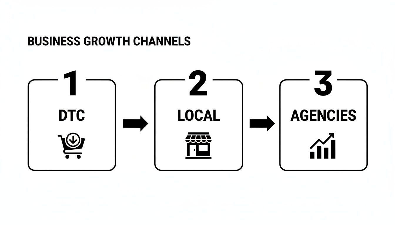 A diagram illustrating three business growth channels: DTC, Local, and Agencies, with descriptive icons.