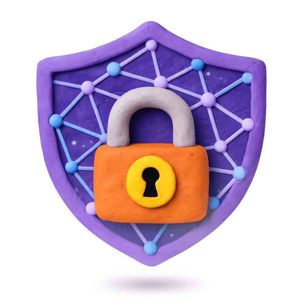 Claymation style illustration displaying a security shield, with a strong lock infront of it, represnting security.