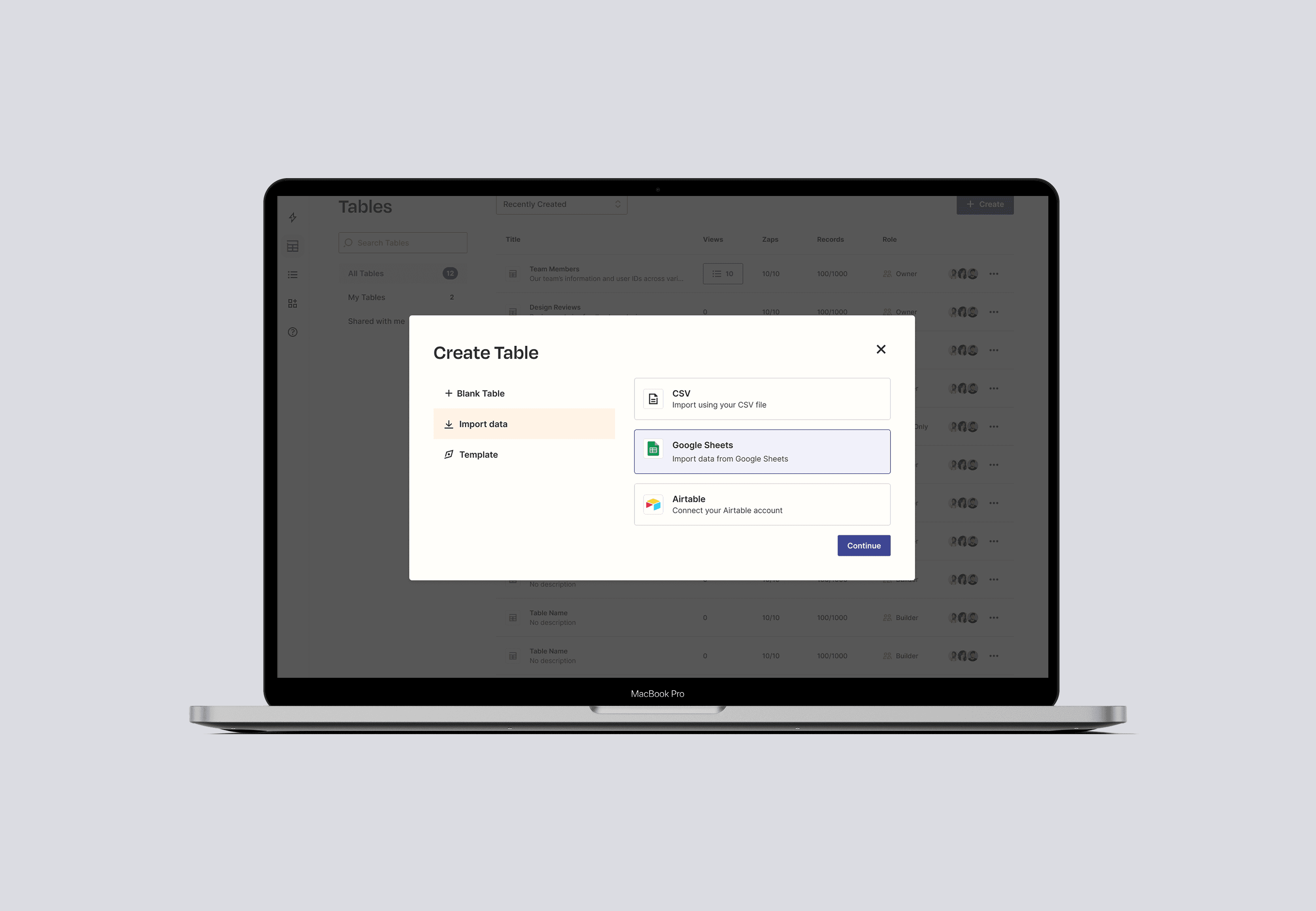 Select data source to import via modal
