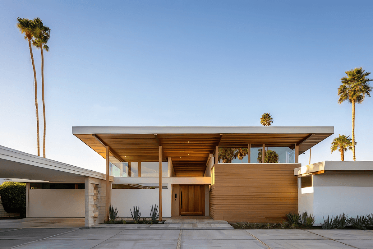 Modern single-story home exterior with clean lines, a garage, and palm trees.