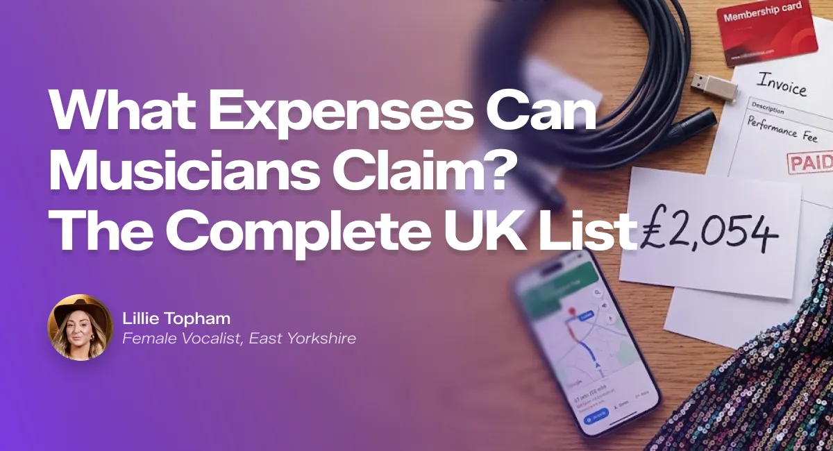 Flat lay of musician business expenses including microphone cable, fuel receipt, stage dress, and calculator showing tax savings