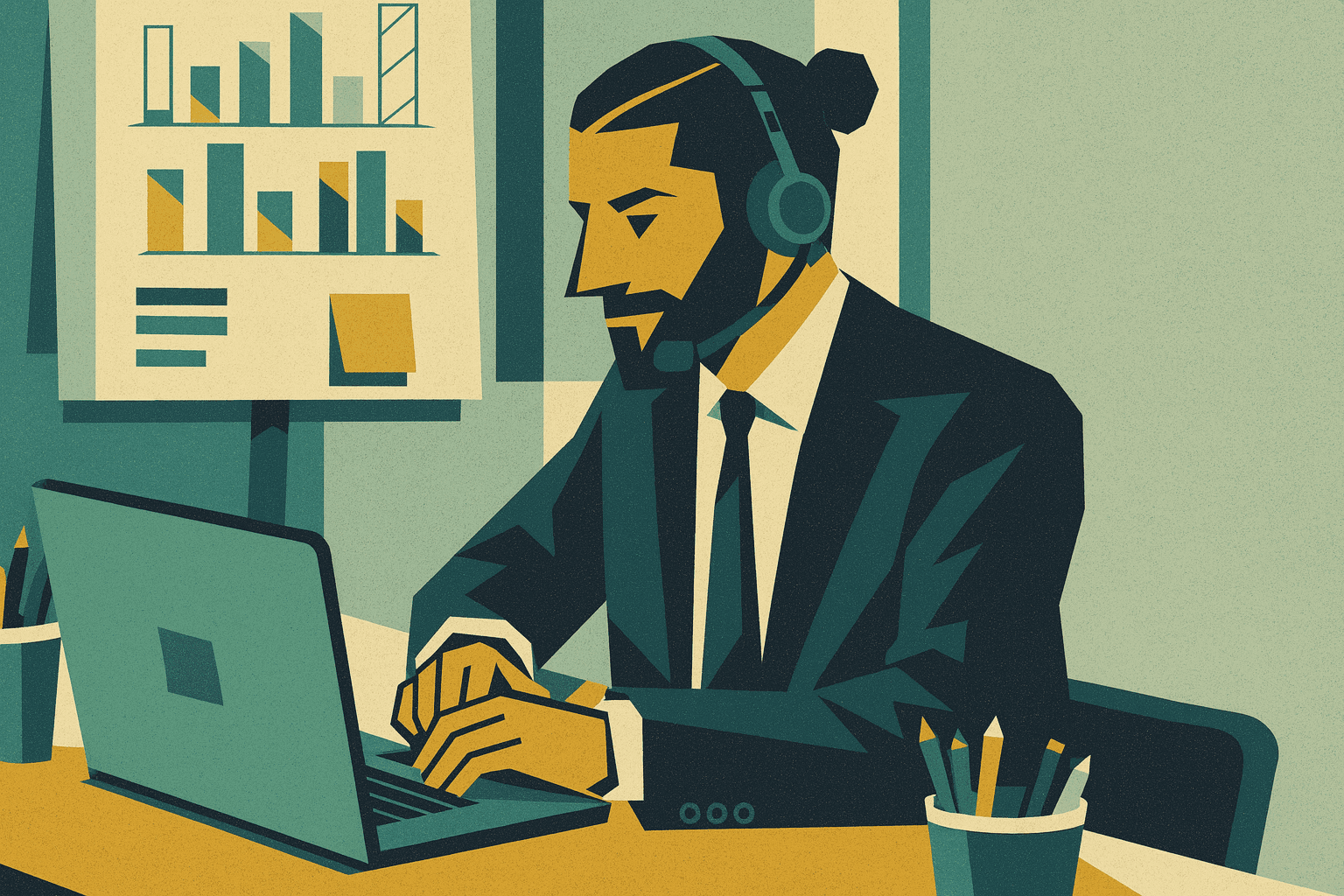 Uomo in giacca e cravatta con cuffie e microfono lavora al computer portatile durante una videochiamata.