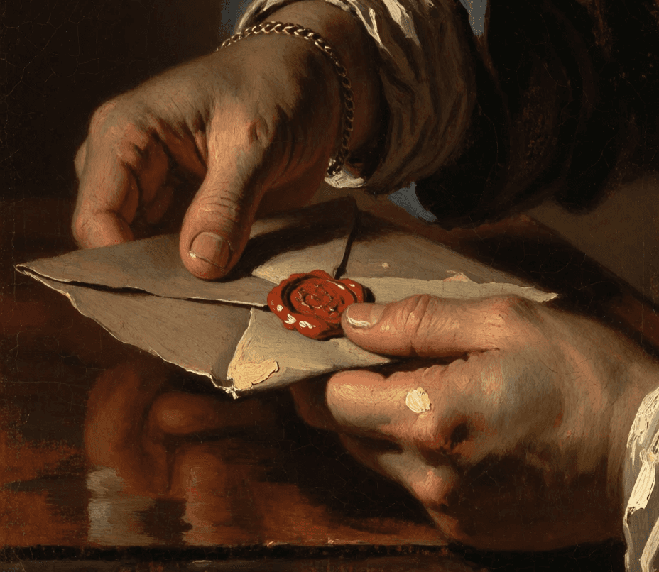 A classical oil painting close-up of two lace-cuffed hands breaking open a red wax seal on a folded letter, with a gold chain bracelet visible on one wrist.