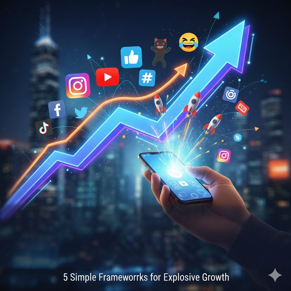 A digital illustration of a hand holding a glowing smartphone that projects a large, neon-blue upward-pointing growth arrow. The arrow is surrounded by various social media icons (YouTube, Instagram, Facebook, TikTok), small launching rockets, and emojis, all set against a blurred nighttime city skyline. Text at the bottom reads "5 Simple Frameworks for Explosive Growth."