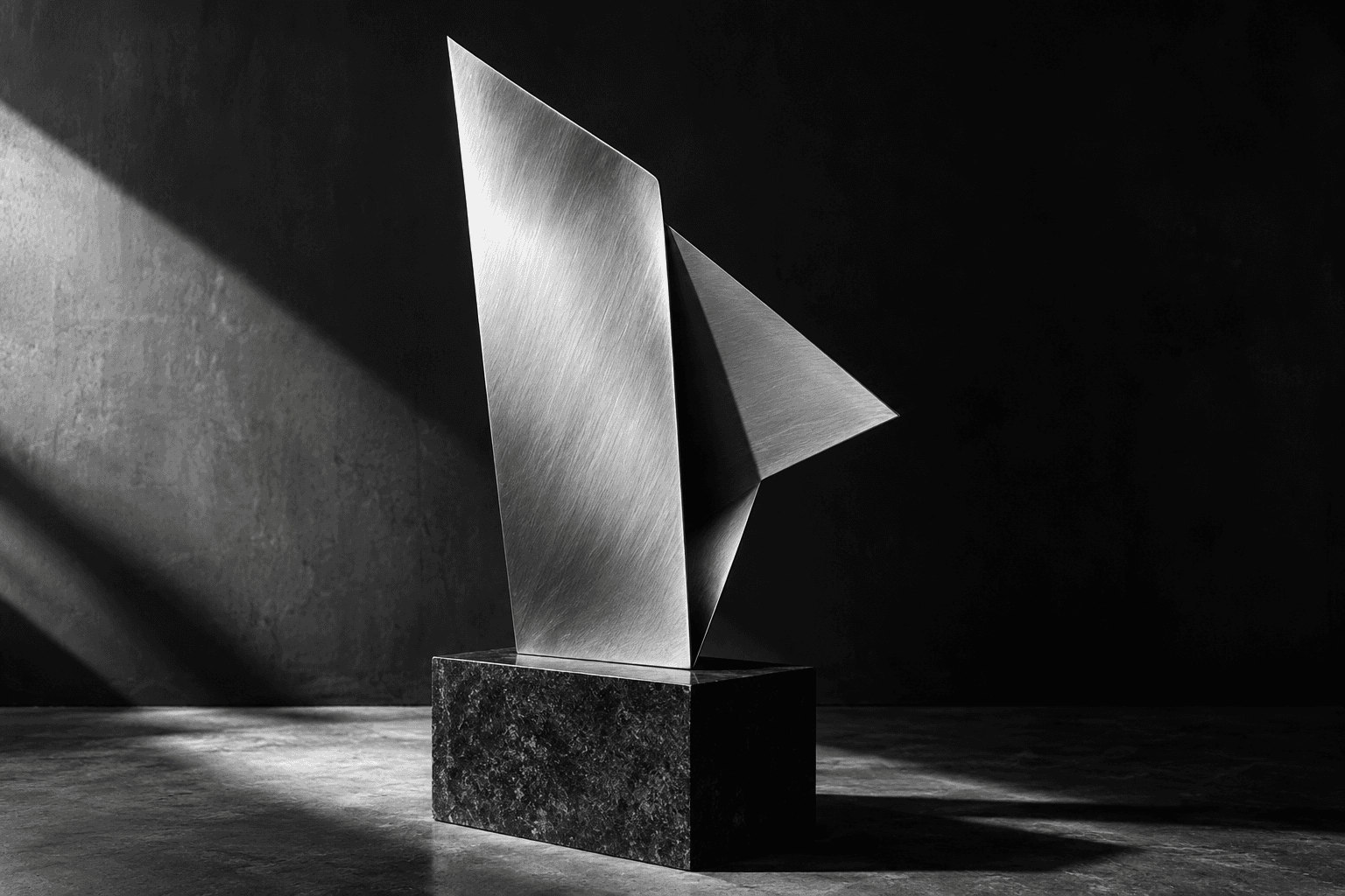 Original fictional folded brushed-aluminium sculpture against a dark background.