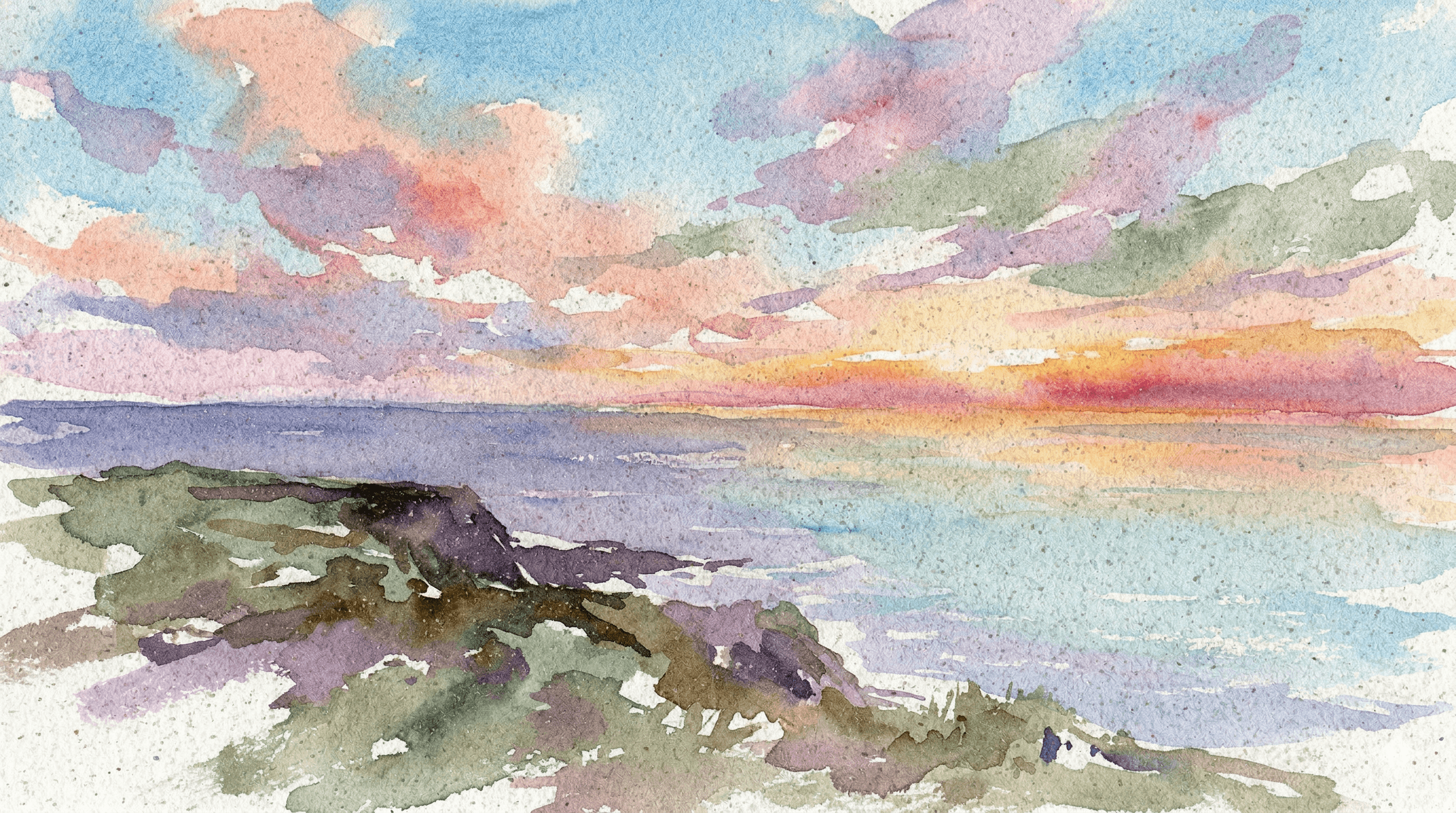 Watercolor ocean sunrise from a coastal bluff with golden and pink light