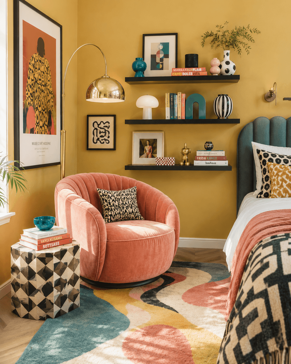 Dopamine decor bedroom reading corner with mustard yellow walls, coral velvet accent chair, geometric side table, colorful abstract rug, floating shelves, and boutique hotel-inspired maximalist styling in warm daylight.