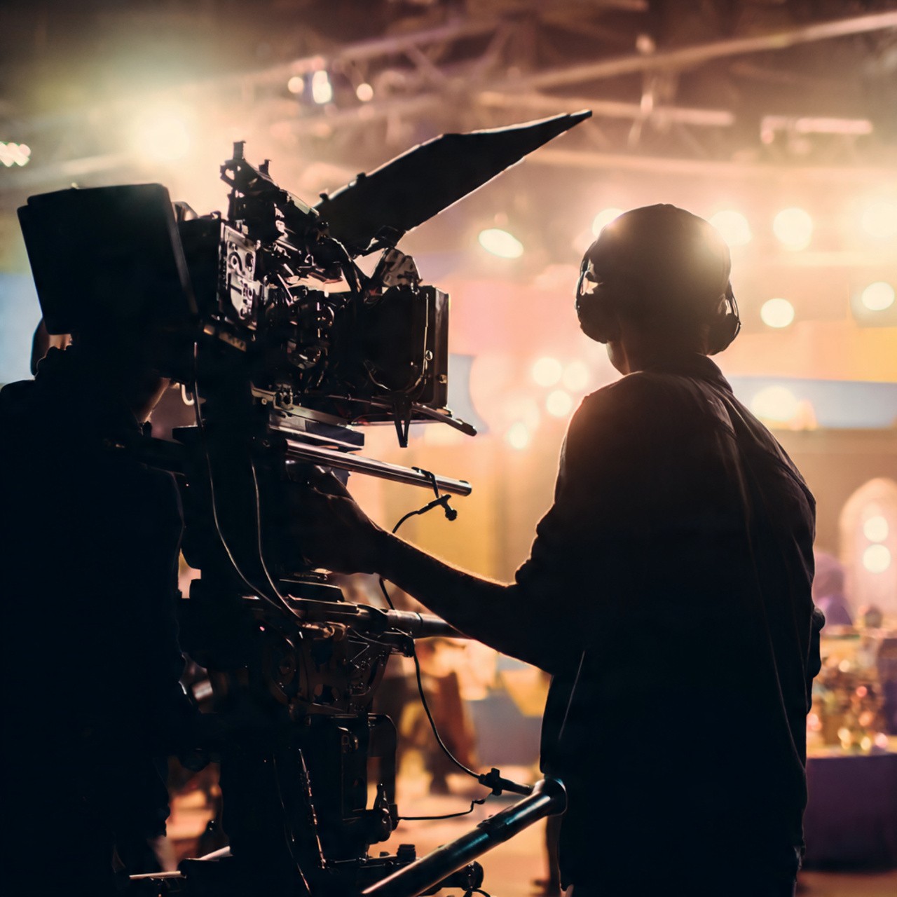 Silhouette of a camera operator filming on a professional set, surrounded by bright studio lights. The scene conveys focus and creative energy.