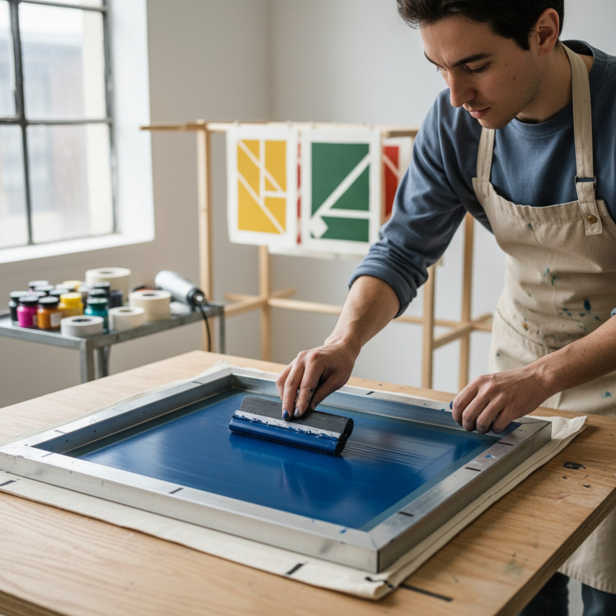In einer Siebdruckecke zieht eine Person gleichmäßig einen Rakel über ein gespanntes Sieb, kräftige Farbe verteilt sich satt auf dem Stoff. Auf einer Leine hängen bereits trocknende Prints, der Raum ist hell und minimalistisch. Ein kurzer, fokussierter Augenblick zwischen Vorbereitung und Ergebnis.