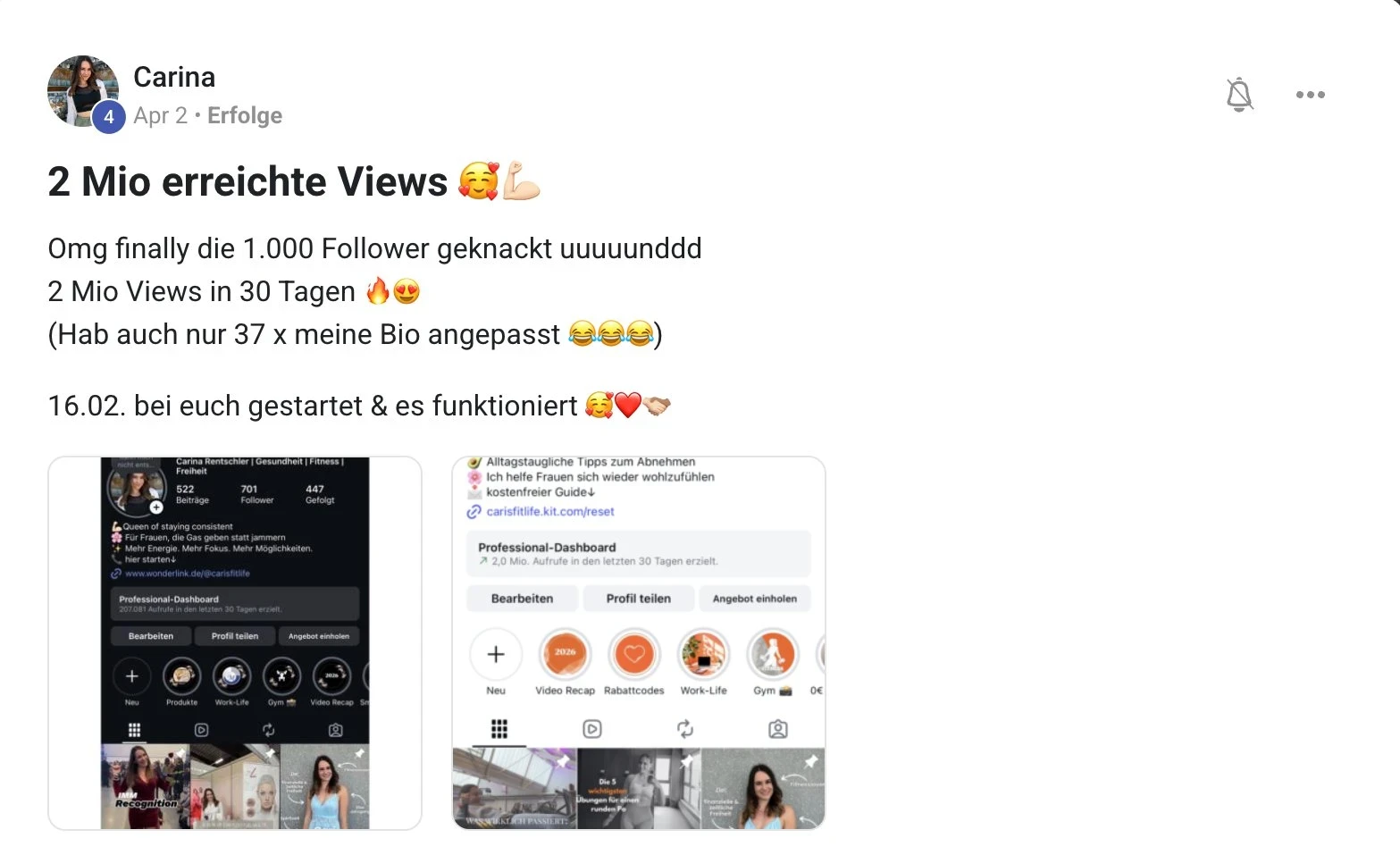 Kundenstimme KI Creator Akademie: Fitness-Coachin Carina erzielt 2 Mio. Views und 1.000 Follower