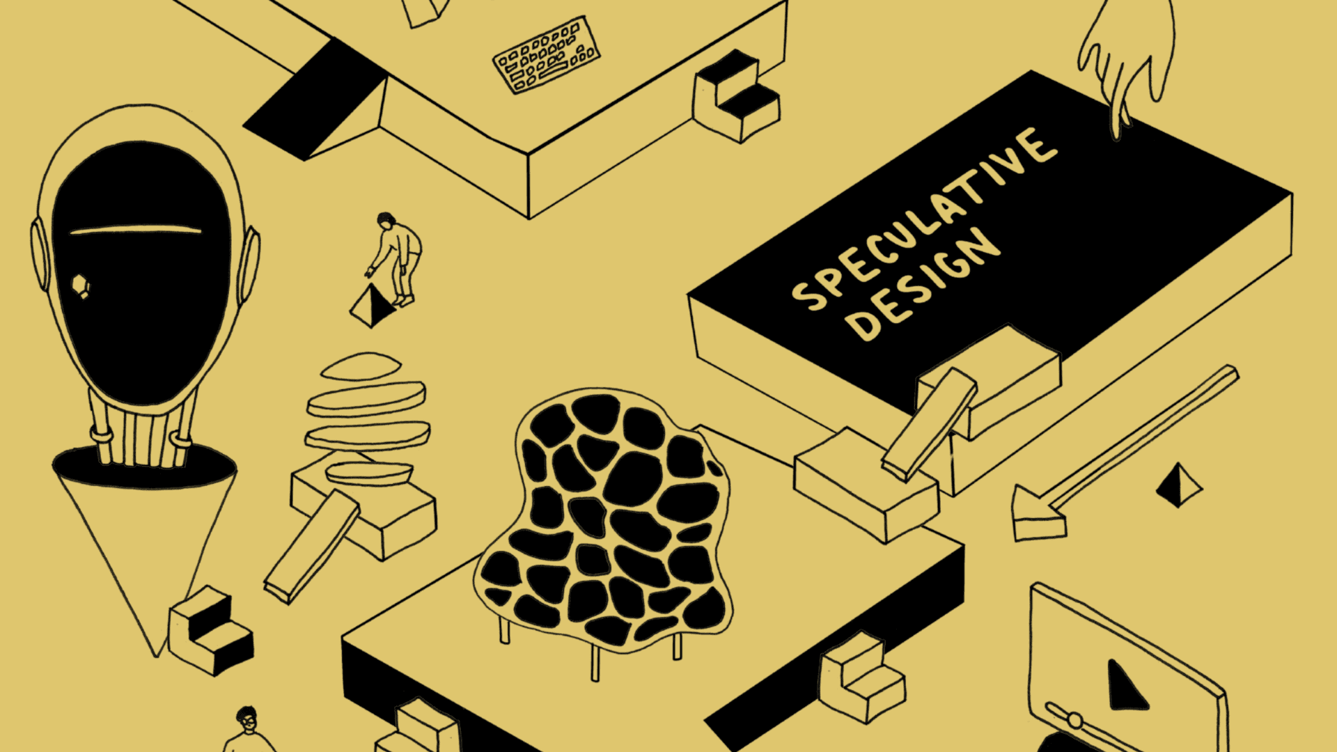 Illustration zu Speculative Design, isometrische Darstellung mit spekulativen Artefakten