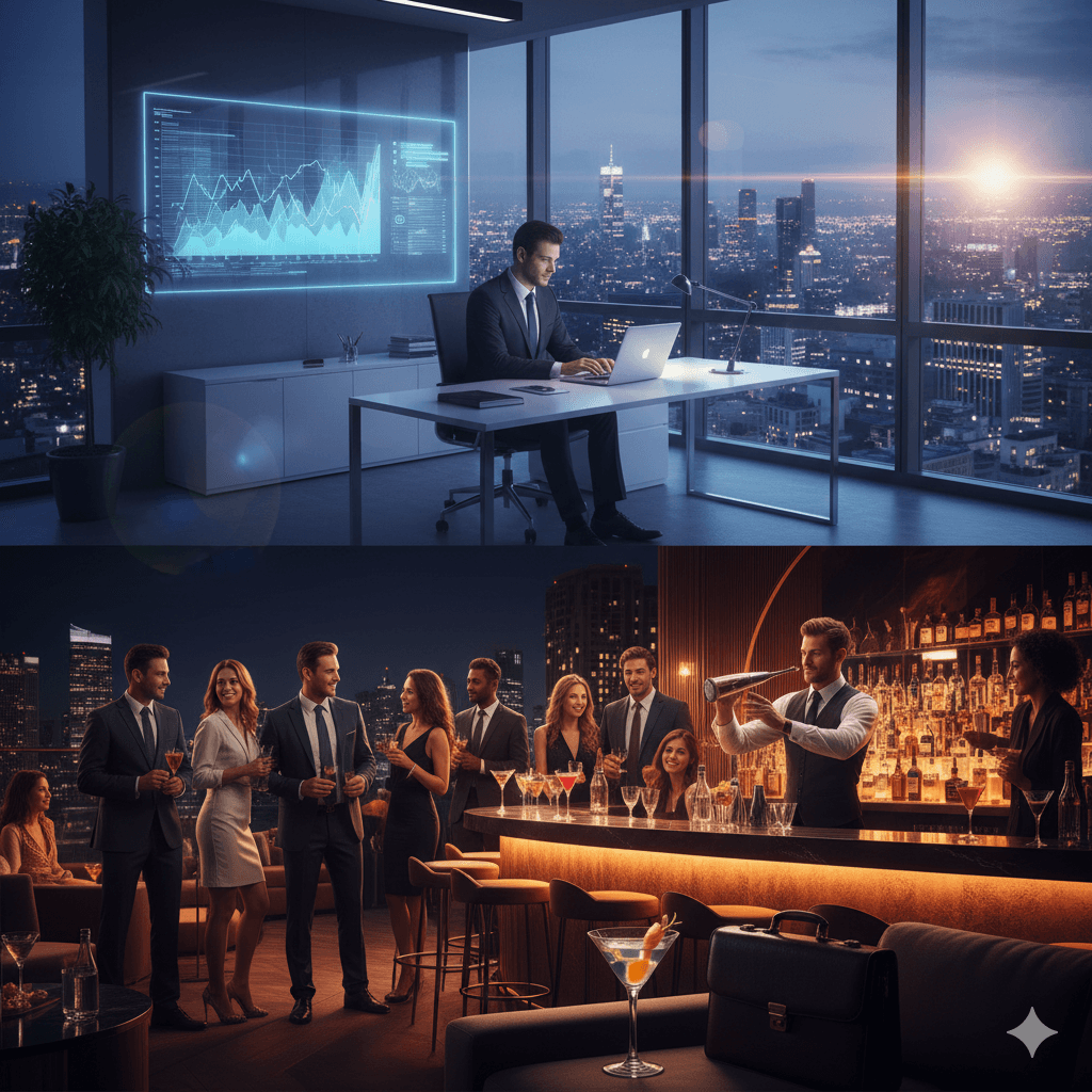 Modern office interior and elite rooftop lounge with city skyline views at night.