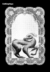 Affiche artistique en noir et blanc présentée dans un cadre ornemental baroque. L'image centrale montre une silhouette abstraite de forme organique sur fond clair, entourée d'une bordure décorative aux motifs floraux et géométriques complexes.