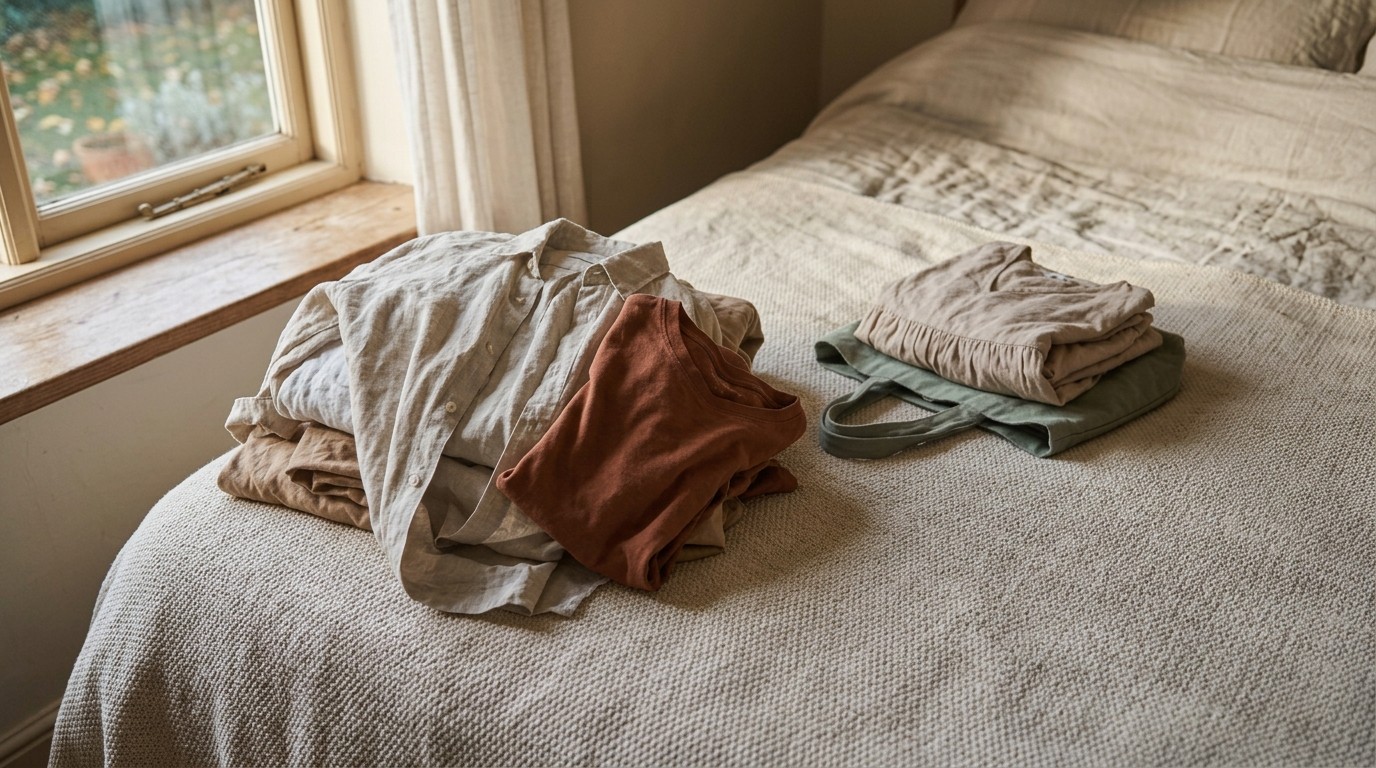 An overhead view of summer clothes being sorted into two tidy piles on a neatly made white bed in bright morning light.