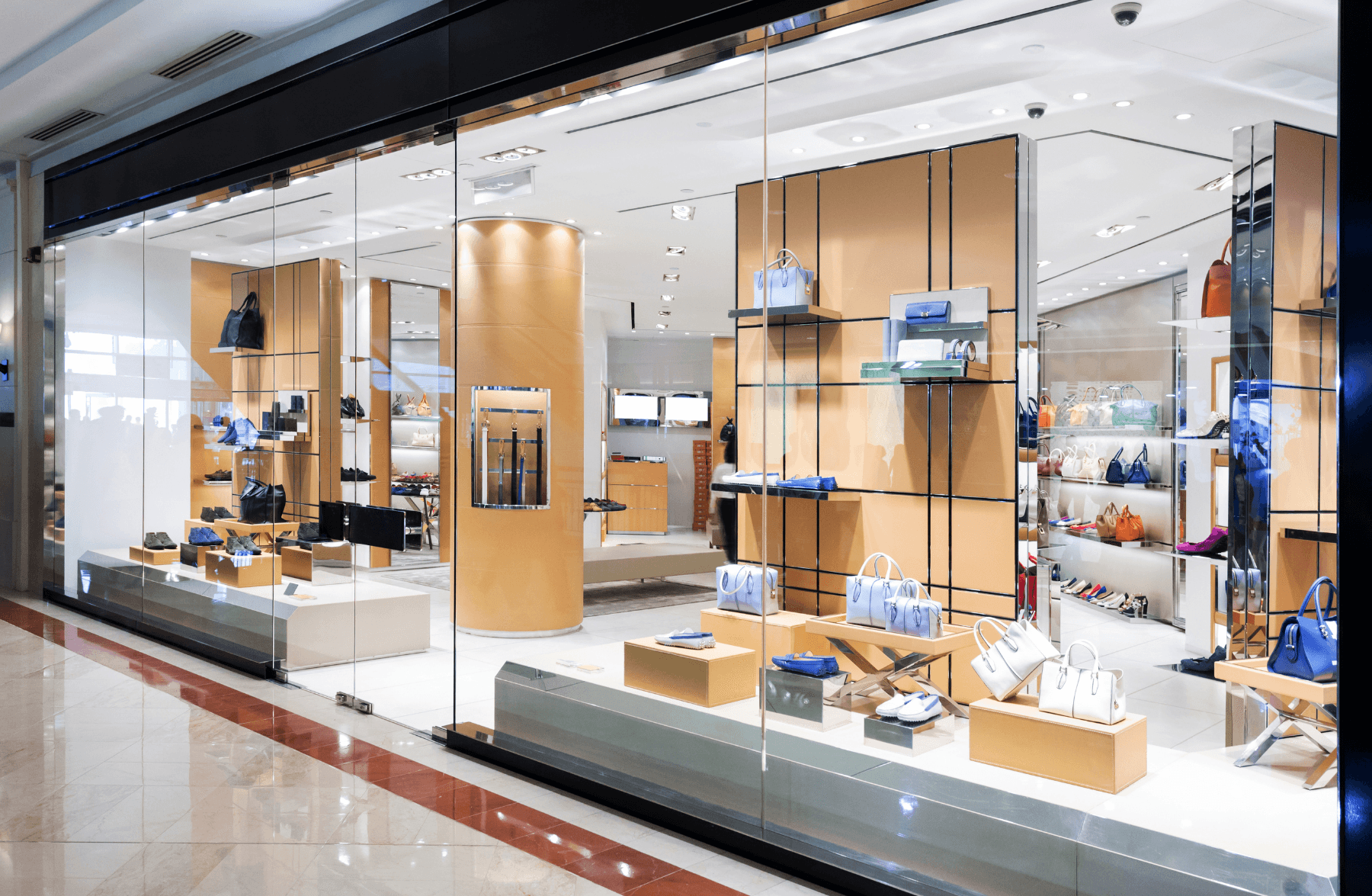Clean commercial storefront with glass and retail displays