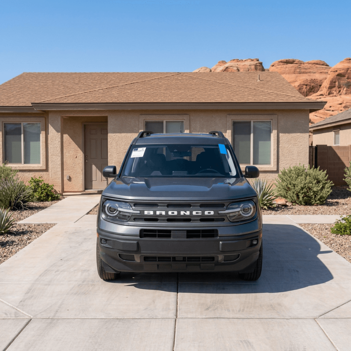 Gray Ford Bronco Sport sitting outside a Nogales, AZ home with a freshly fitted replacement windshield