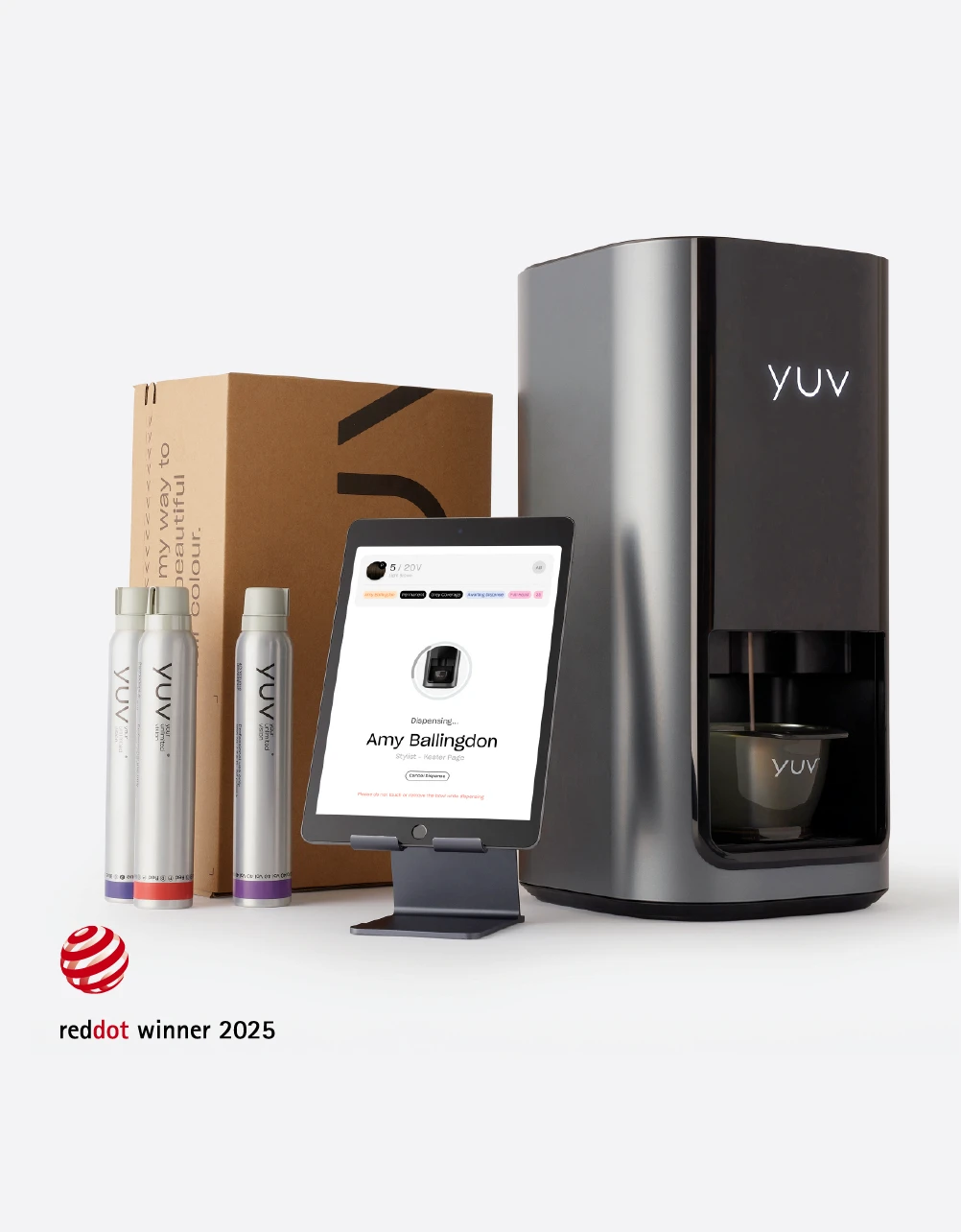 The full yuv® system showing the Lab, ipad and App and the yuv® colour cartridges.