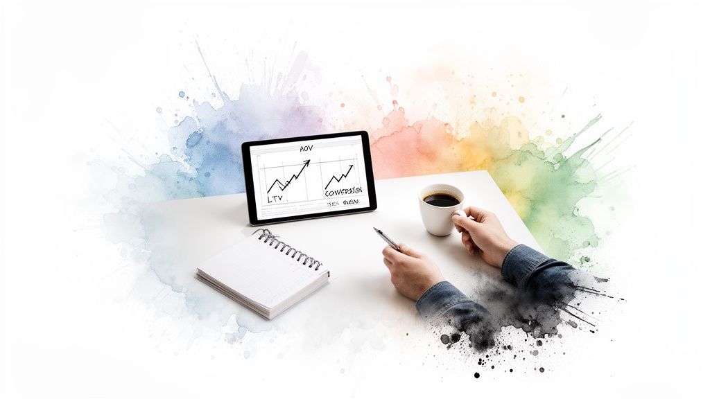 A person analyzing business growth charts on a tablet in a creative watercolor workspace.