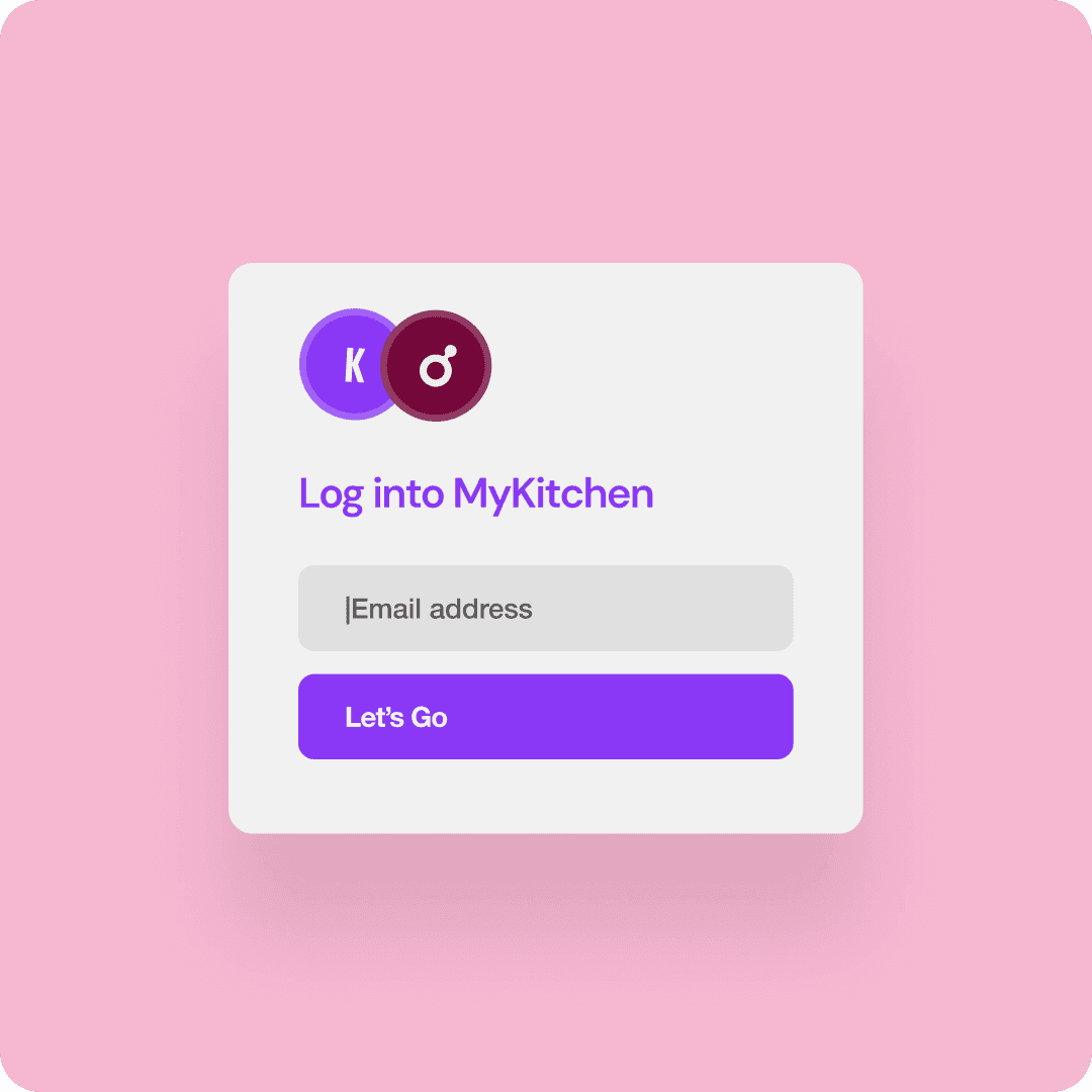 Login screen reads "Log into MyKitchen" with an email address field and "Let’s Go" button beneath app icons