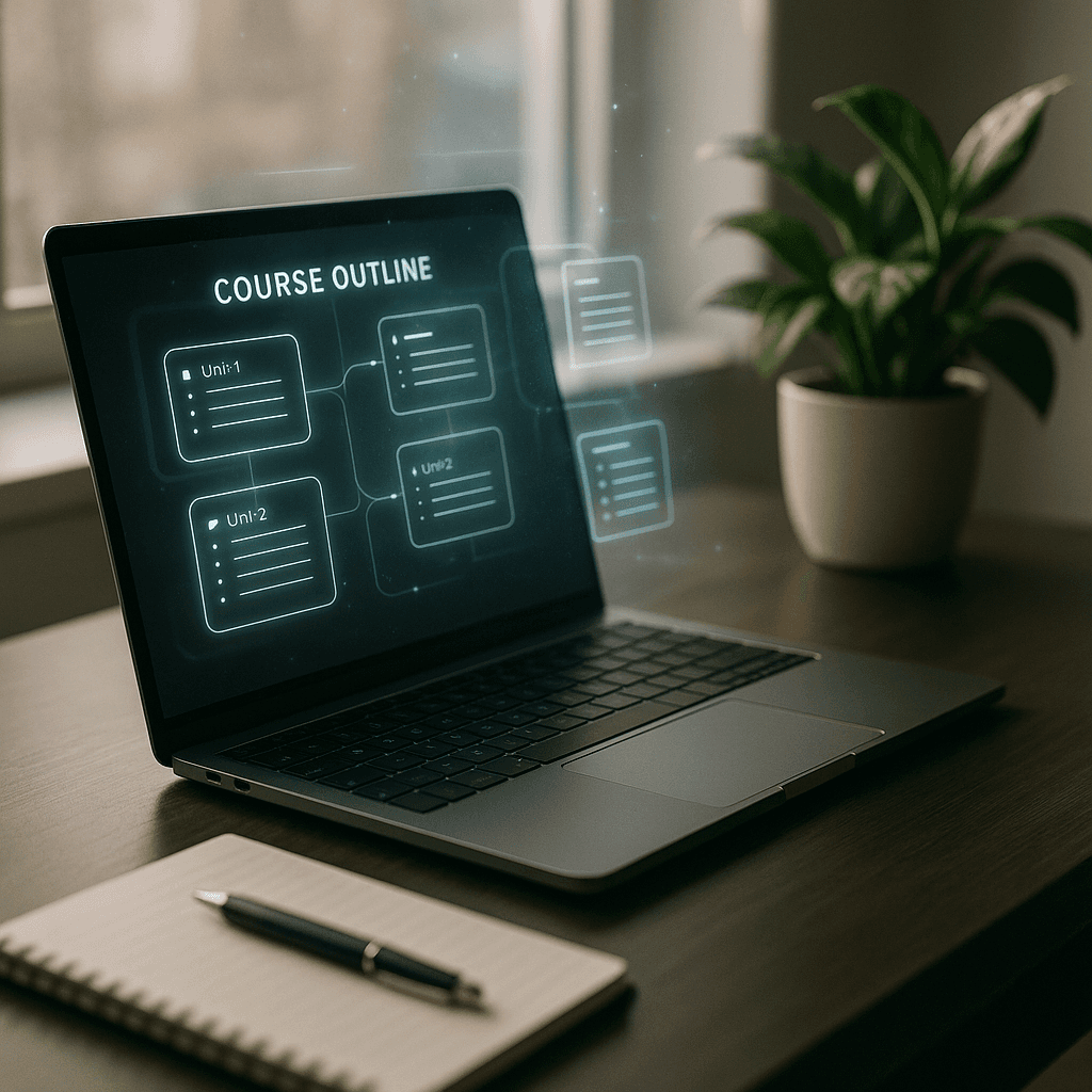 Close-up of policy document transforming into structured course outline with AI avatars narrating on screen, holographic MCP primitives floating nearby.