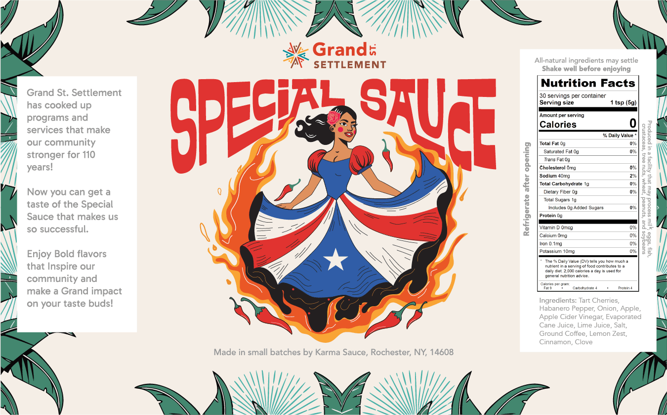 Whimsically and artistically intricate design for a hot sauce bottle. A Puerto Rican woman dances with hot peppers and flamers around her. Nutritional facts and product history listed. Detailed description follows below.