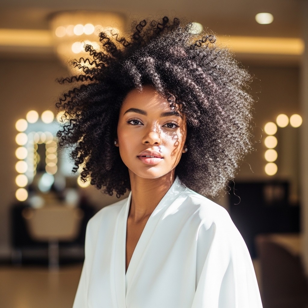 Serene Black woman with voluminous curly hair wearing a white robe in a bright salon with blurred vanity lights.