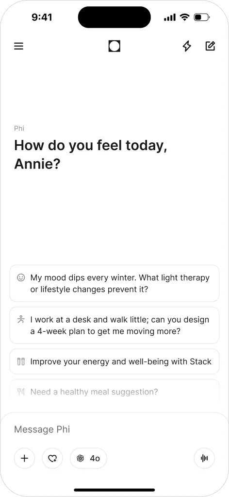 UI design presenting a conversational entry screen for an AI-powered health assistant