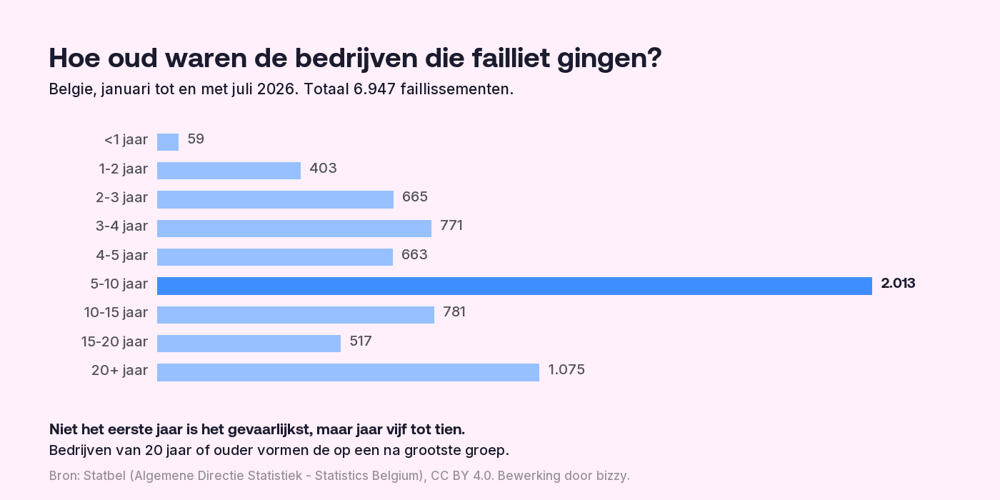Faillissementen naar leeftijd van de onderneming, België januari tot juli 2026