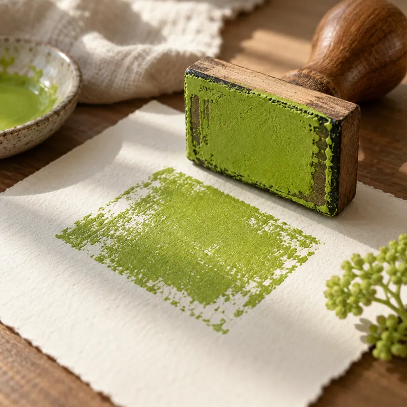 A green stamp pressed onto cream paper