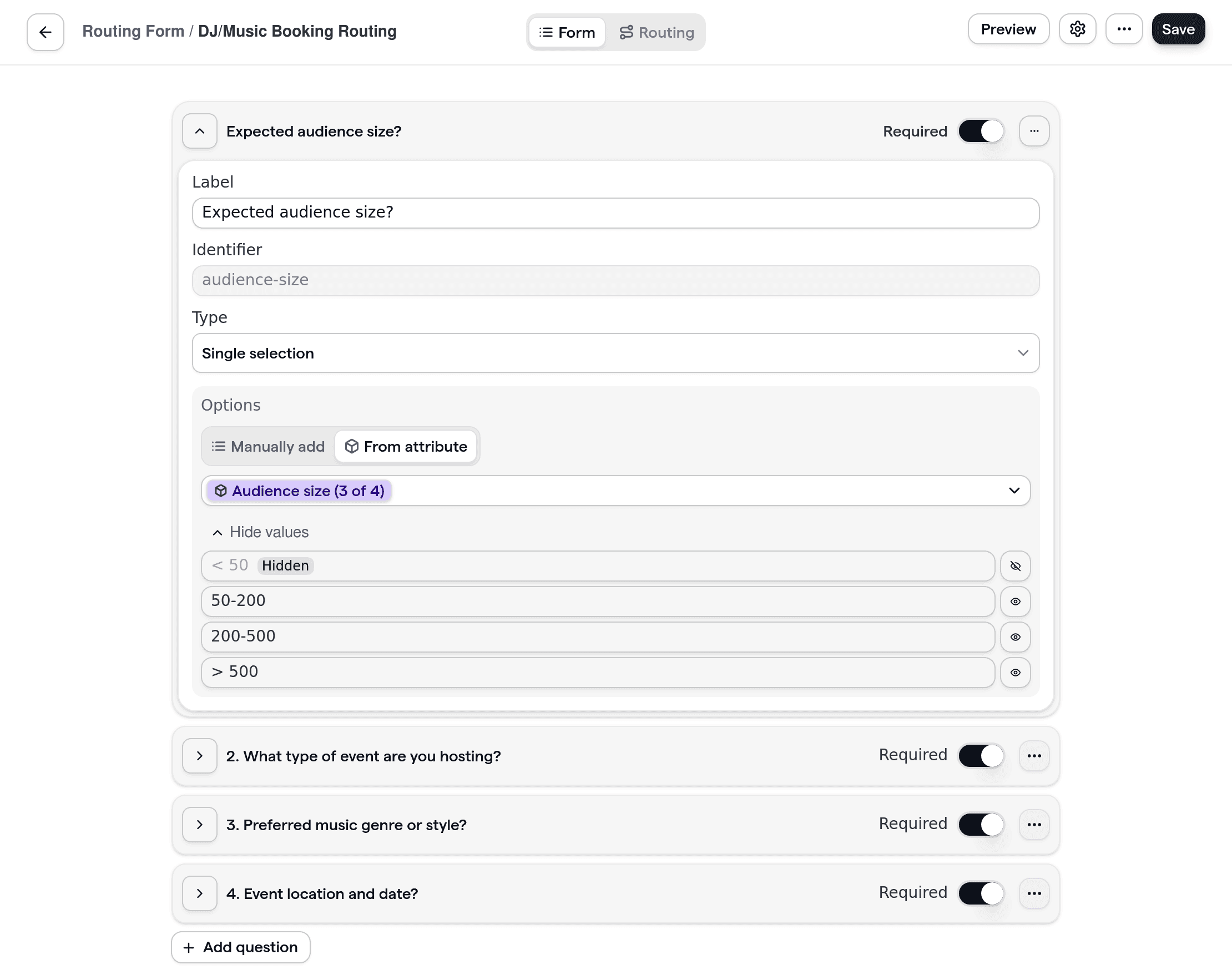 DJ/music booking routing form with event-specific questions and performer matching.