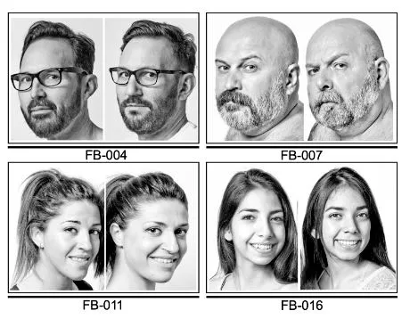 A grid of four pairs of doppelgängers—two men and two women. Each labeled with an alphanumeric code (e.g., FB-004, FB-017, FB-011, FB-015)