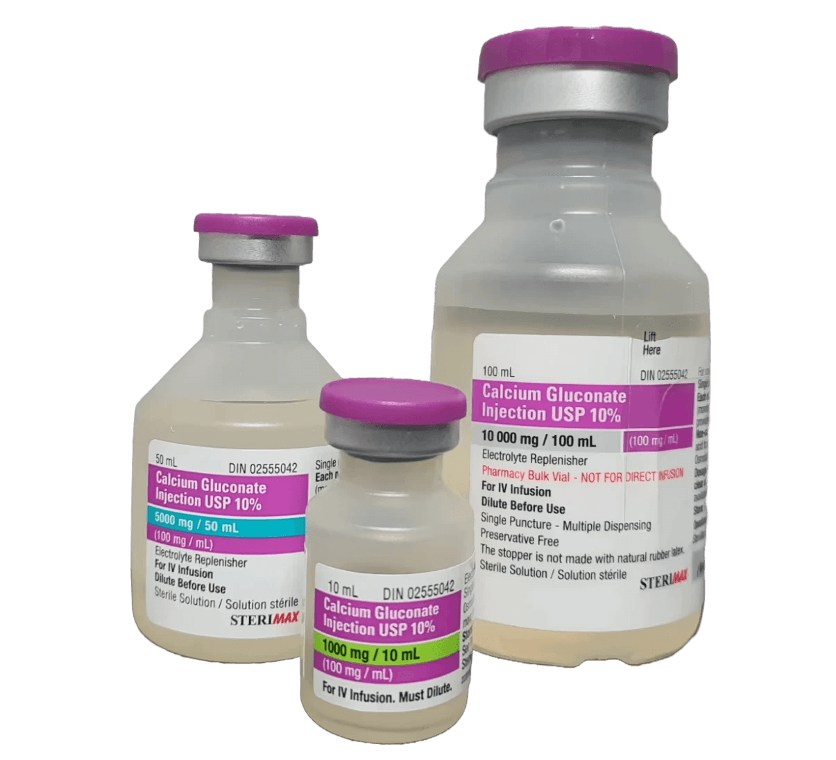 Three vials of SteriMax Calcium Gluconate Injection USP 10% in different sizes: 10 mL, 50 mL, and 100 mL.