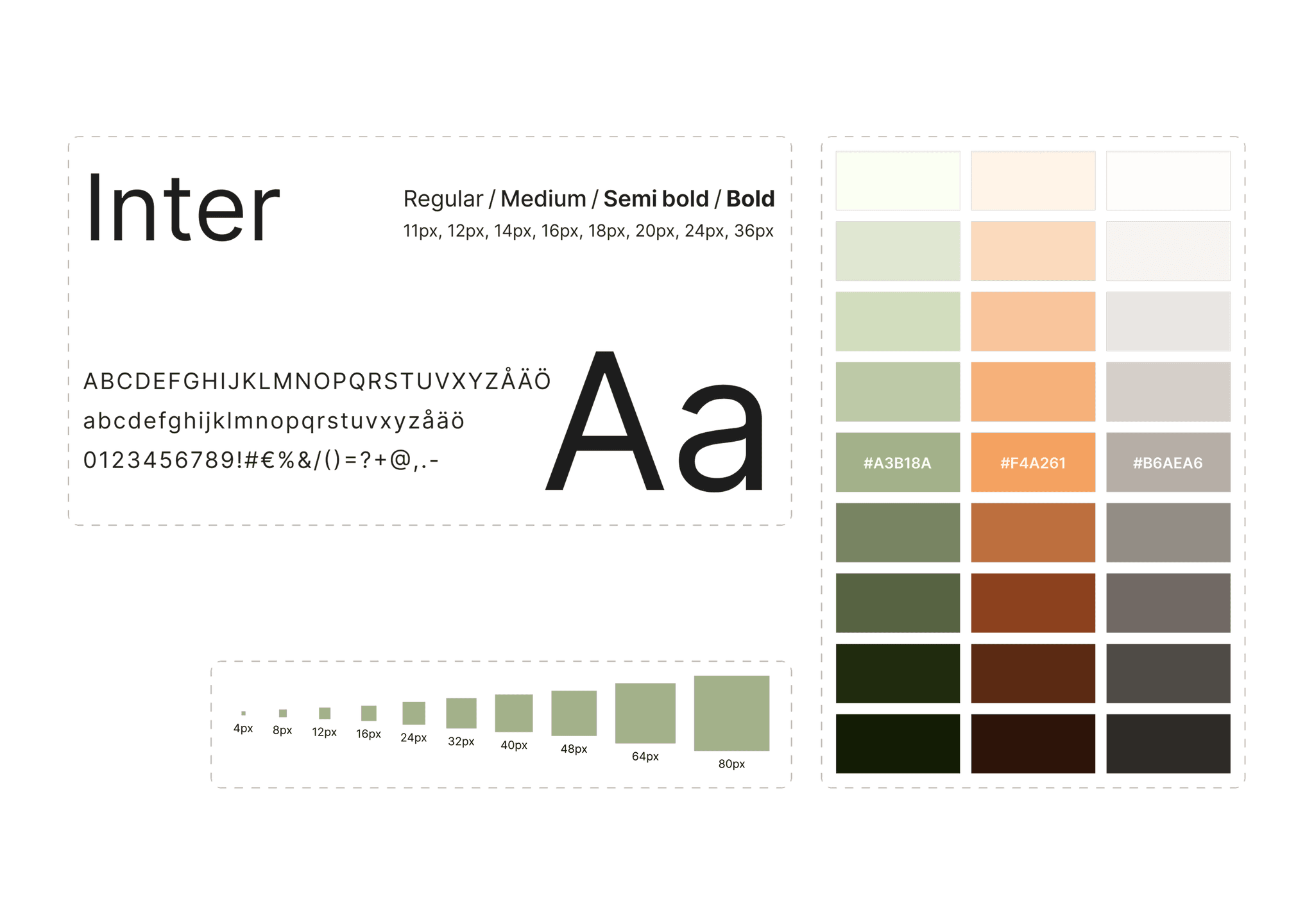 Style guide showing the Inter typeface in multiple weights and sizes, alongside a color palette with green, beige, and brown tones