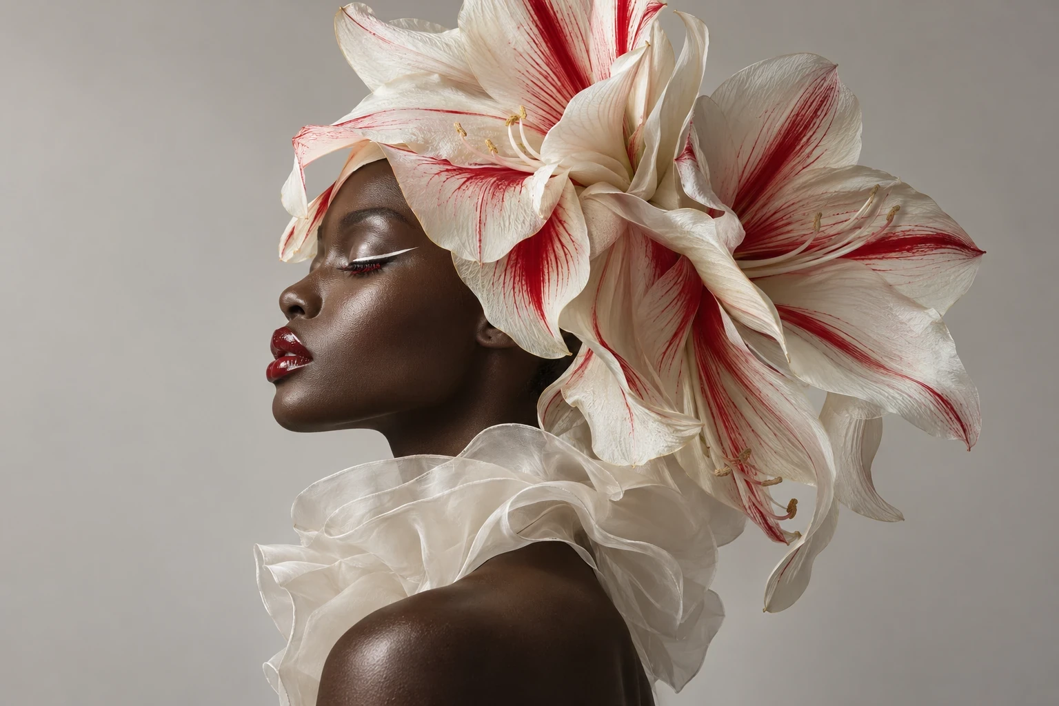 Profile portrait with sculptural ivory and red petals and deep red lips