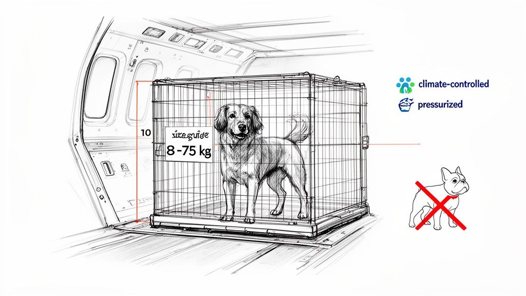 Dog in an airplane cargo crate, 8-75 kg, with climate-controlled, pressurized conditions. French bulldogs prohibited.