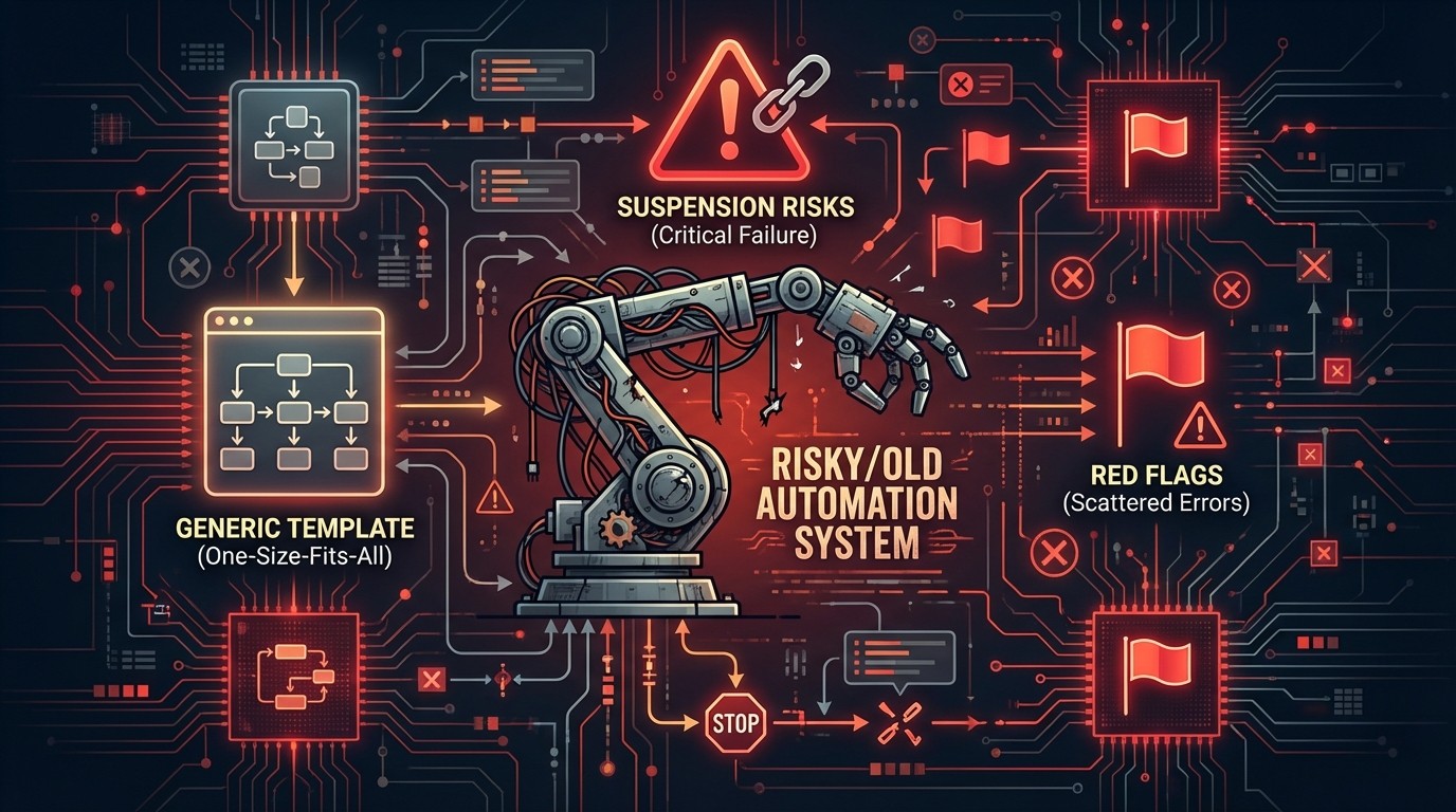 A conceptual diagram visually representing 'Risky/Old Automation'. It features a broken or inefficient robotic arm surrounded by red flags, warning triangles, and icons indicating generic processes and suspension risks. The color scheme emphasizes reds, oranges, and grays against a dark, technical background, conveying caution and potential failure.