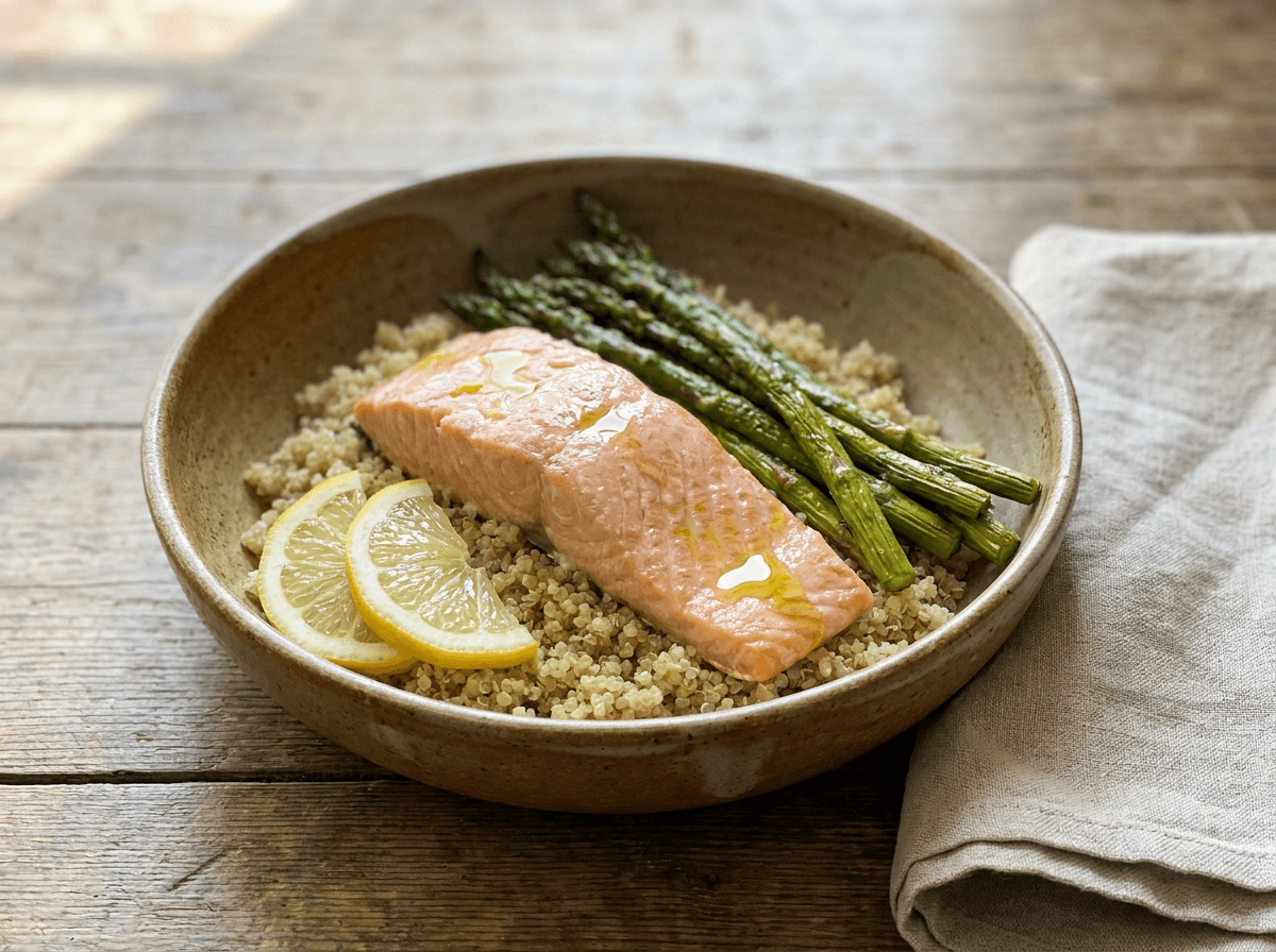 Healthy anti-inflammatory salmon quinoa and asparagus bowl with lemon