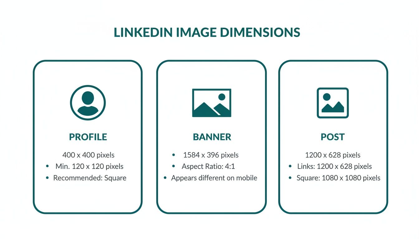 Infographic displaying recommended LinkedIn image dimensions and guidelines for profiles, banners, and posts.