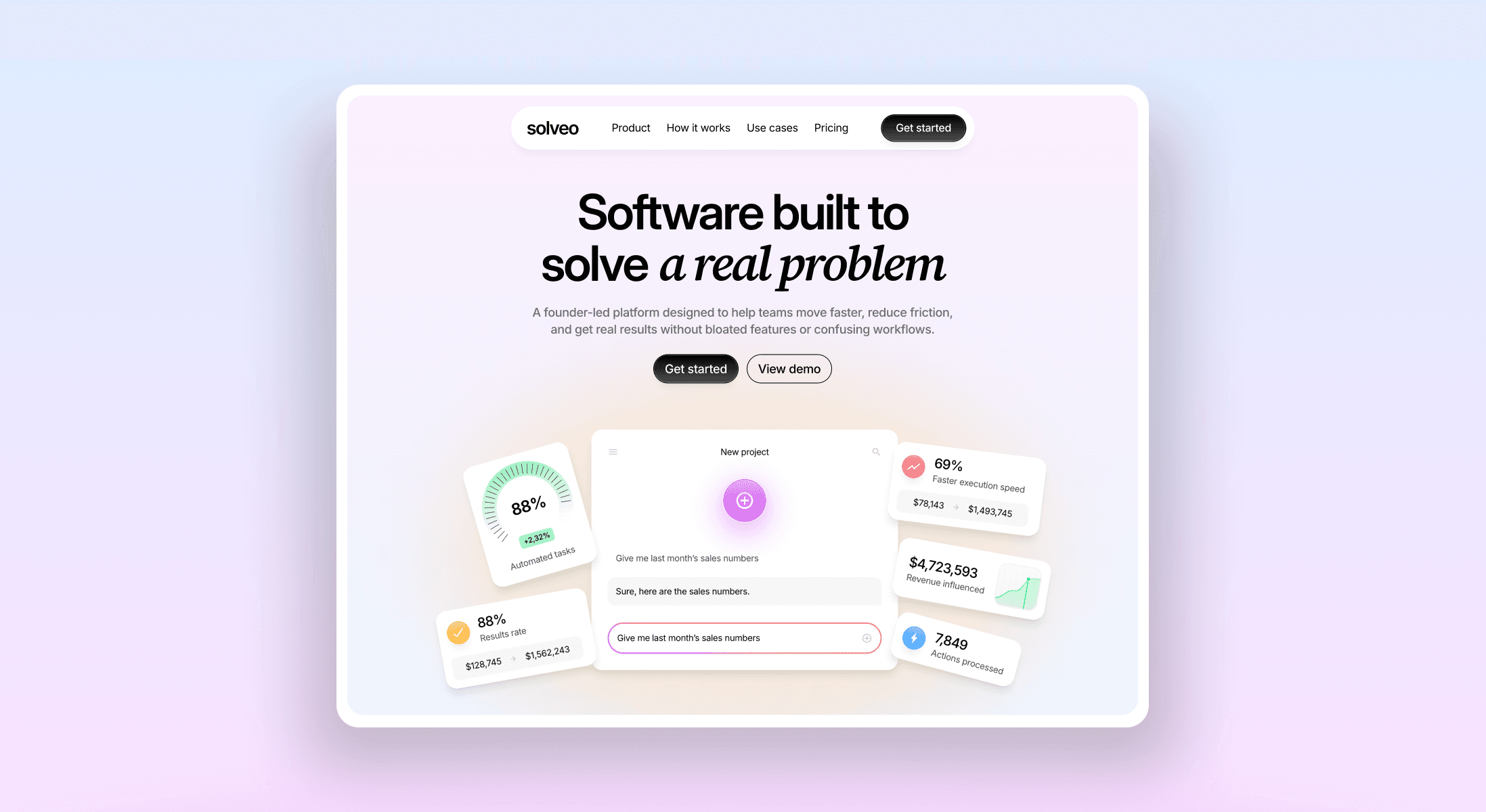 Solveo free Framer template for SaaS products and startups showing a conversion-focused landing page with product dashboard and metric cards