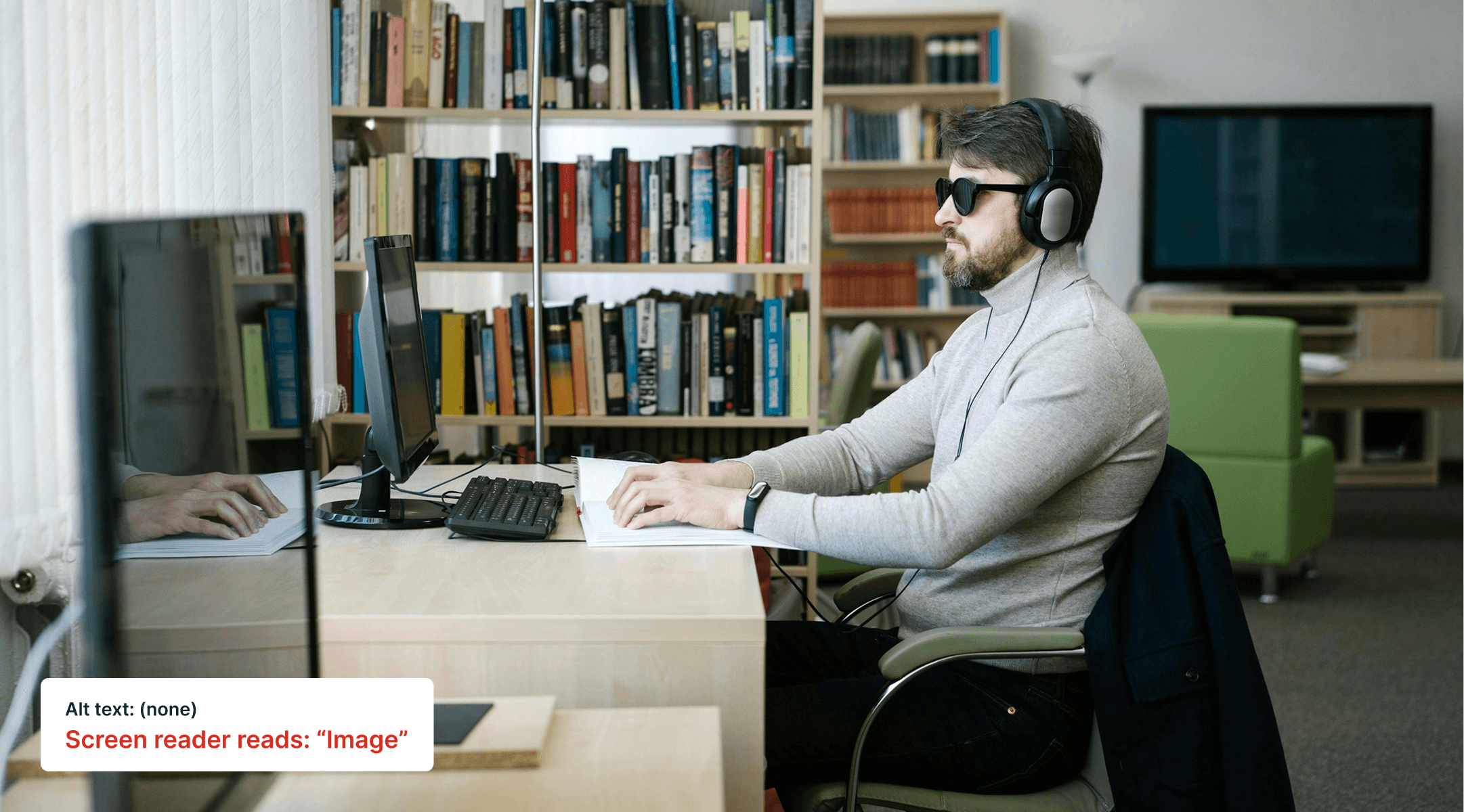 Person using a screen reader with headphones at a computer, showing how missing alt text creates barriers.
