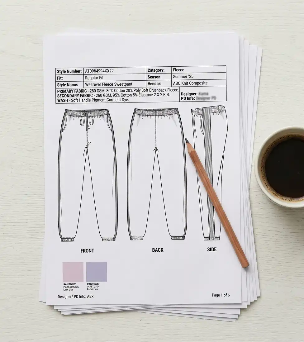 A detailed tech pack for Wearever fleece sweatpants, showing front, back, and side sketches along with fabric details, color swatches, and garment specifications. The tech pack guides manufacturers in producing the clothing accurately and efficiently.